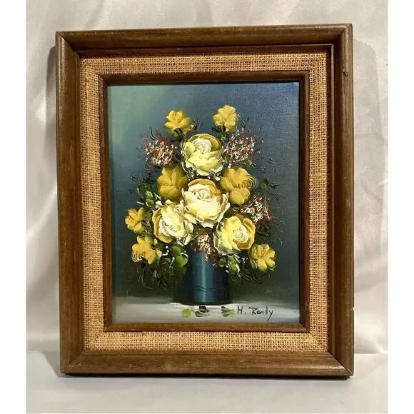 Vintage Botanical Oil Painting Yellow Flowers 11.25 x 13